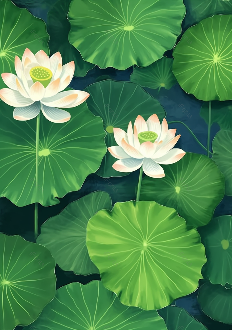 池塘里白色的睡连盛开与荷叶自然插画壁纸背景,插画/手绘图,插画/手绘图库,插画/手绘图下载,插画/手绘